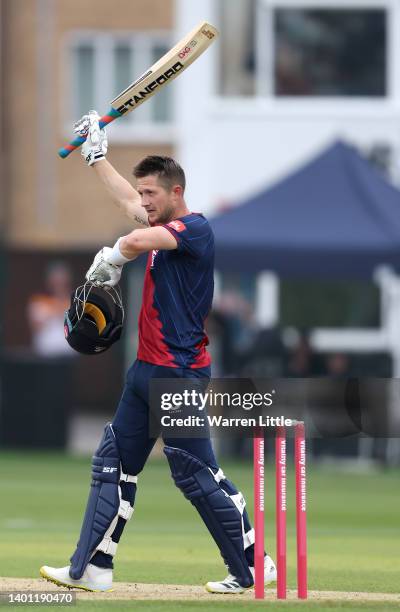 Joe Denly of Kent Spitfires celebrates reaching his centuryduring the Vitality T20 Blast match between Kent Spitfires and Middlesex at The Spitfire...