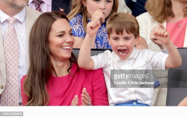 Catherine, Duchess of Cambridge laughs with Prince Louis of Cambridge during the Platinum Pageant on June 05, 2022 in London, England. The Platinum...