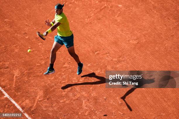 Rafael Nadal of Spain plays a forehand in the Men's Singles Final match against Casper Ruud of Norway during Day Fifteen of The 2022 French Open at...