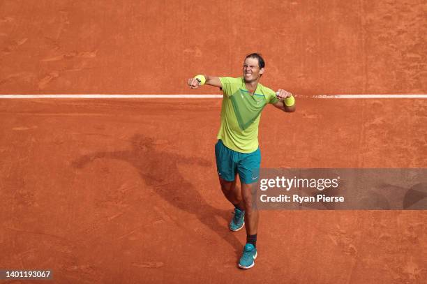 Rafael Nadal of Spain celebrates after winning match point against Casper Ruud of Norway during the Men's Singles Final match on Day 15 of The 2022...