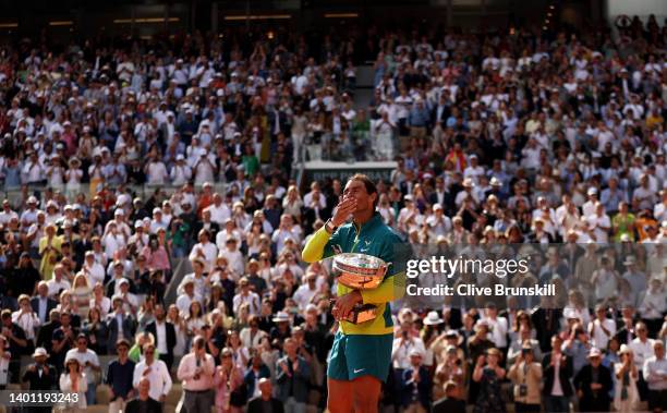 Rafael Nadal of Spain blows a kiss to the crowd after winning against Casper Ruud of Norway during the Men's Singles Final match on Day 15 of The...