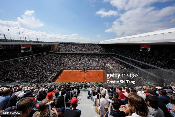 General view of Court Philippe Chatrier as Rafael Nadal of Spain against Casper Ruud of Norway in their Men's Singles Final match during Day Fifteen...