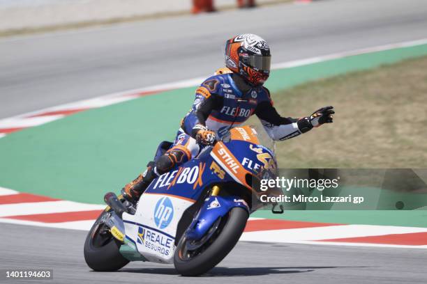 Aron Canet of Spain and Flexbox HP40 celebrates the second place during the Moto2 race during the MotoGP of Catalunya - Race at Circuit de...