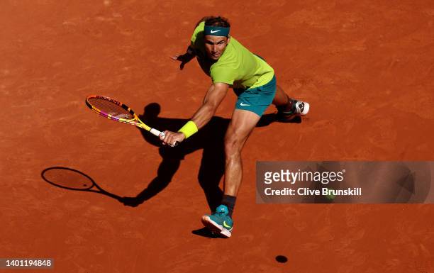 Rafael Nadal of Spain plays a backhand against Casper Ruud of Norway during the Men's Singles Final match on Day 15 of The 2022 French Open at Roland...