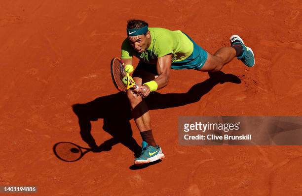 Rafael Nadal of Spain plays a backhand against Casper Ruud of Norway during the Men's Singles Final match on Day 15 of The 2022 French Open at Roland...