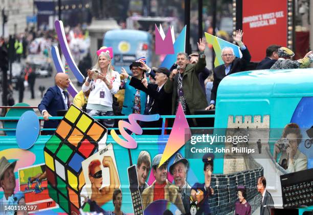 Sharron Davies, Timmy Mallet, Nigel Planer, Gary Davies and Pete Waterman during the Platinum Pageant on June 05, 2022 in London, England. The...