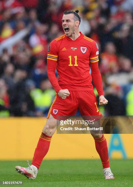 Gareth Bale of Wales celebrates after their sides victory, which qualifies Wales for the 2022 FIFA World Cup during the FIFA World Cup Qualifier...