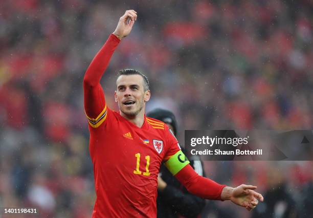 Gareth Bale of Wales celebrates after their sides victory, which qualifies Wales for the 2022 FIFA World Cup during the FIFA World Cup Qualifier...