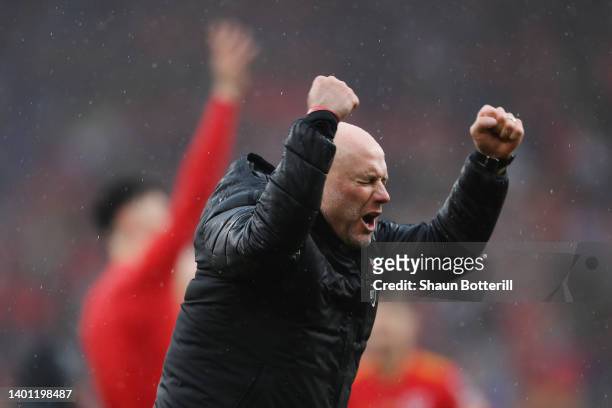 Rob Page, Head Coach of Wales celebrates after their sides victory which qualifies Wales for the 2022 FIFA World Cup during the FIFA World Cup...