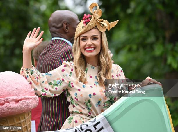 Katherine Jenkins rides a bus during the Platinum Pageant on June 05, 2022 in London, England. The Platinum Jubilee of Elizabeth II is being...