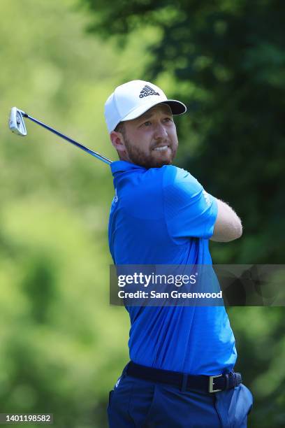 Daniel Berger of the United States plays his shot from the fourth tee during the final round of the Memorial Tournament presented by Workday at...