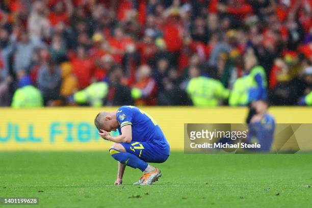 Oleksandr Zinchenko of Ukraine looks dejected following their sides defeat in the FIFA World Cup Qualifier between Wales and Ukraine at Cardiff City...