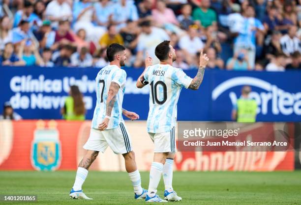 Lionel Messi of Argentina celebrates after scoring goal during the international friendly match between Argentina and Estonia at Estadio El Sadar on...