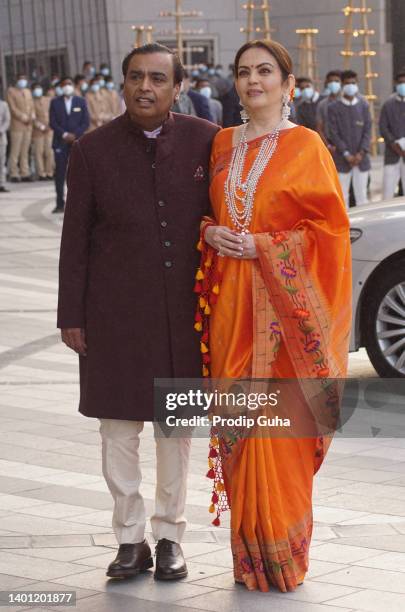 Mukesh Ambani and Nita Ambani attend the Arangnetram ceremony of Ms. Radhika Merchant on June 05, 2022 in Mumbai, India