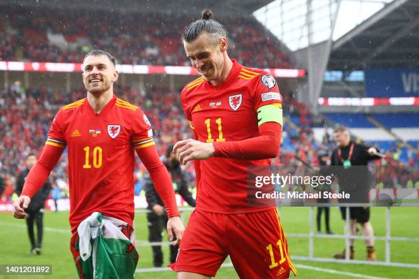 Aaron Ramsey and Gareth Bale of Wales celebrate after their sides victory during the FIFA World Cup Qualifier between Wales and Ukraine at Cardiff...
