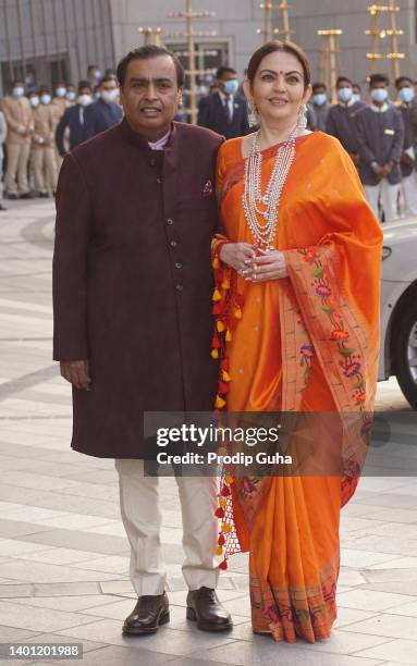 Mukesh Ambani and Nita Ambani attend the Arangnetram ceremony of Ms. Radhika Merchant on June 05, 2022 in Mumbai, India