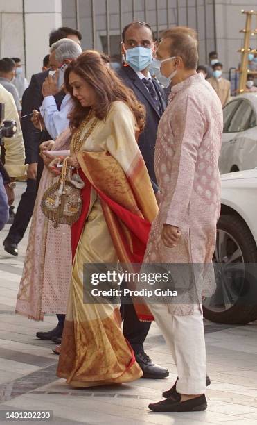 Tina and Mukesh Ambani attend the Arangnetram ceremony of Ms. Radhika Merchant on June 05, 2022 in Mumbai, India
