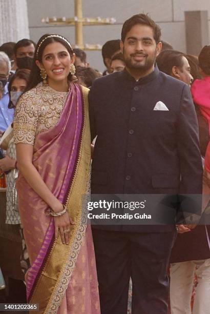 Shloka Mehta Ambani and Akask Ambani attend the Arangnetram ceremony of Ms. Radhika Merchant on June 05, 2022 in Mumbai, India