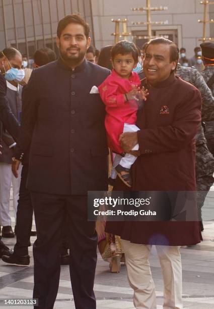 Akask Ambani and Mukesh Ambani attend the Arangnetram ceremony of Ms. Radhika Merchant on June 05, 2022 in Mumbai, India