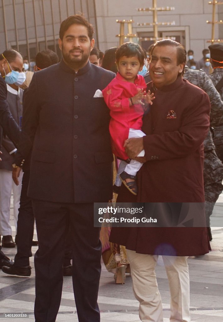 Akask Akask Ambani and Mukesh Ambani attend the Arangnetram ceremony of Ms ...