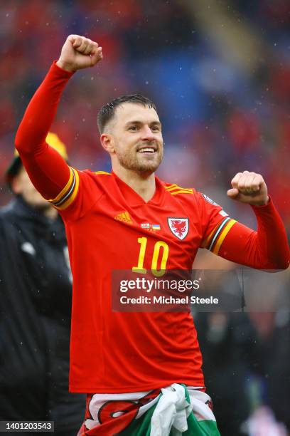 Aaron Ramsey of Wales celebrates after their sides victory, which qualifies Wales for the 2022 FIFA World Cup during the FIFA World Cup Qualifier...