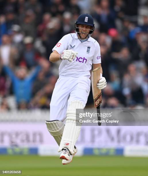 Joe Root of England celebrates after winning the First LV= Insurance Test match between England and New Zealand at Lord's Cricket Ground on June 05,...