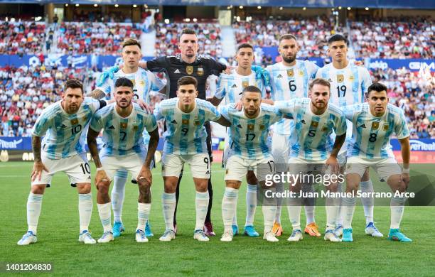 Players of Argentina pose for a team photograph prior to the international friendly match between Argentina and Estonia at Estadio El Sadar on June...