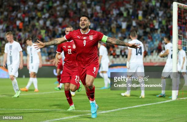 Aleksandar Mitrovic of Serbia celebrates after scoring their sides first goal during the UEFA Nations League League B Group 4 match between Serbia...