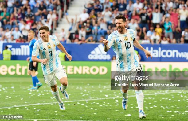 Lionel Messi of Argentina celebrates after scoring his team's third goal during the international friendly match between Argentina and Estonia at...