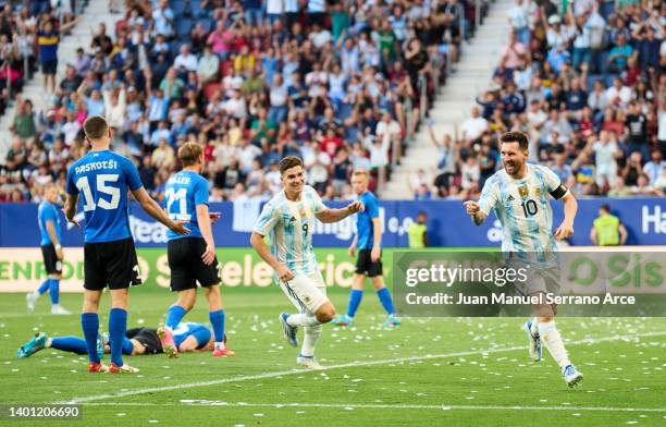 Lionel Messi of Argentina celebrates after scoring his team's third goal during the international friendly match between Argentina and Estonia at...