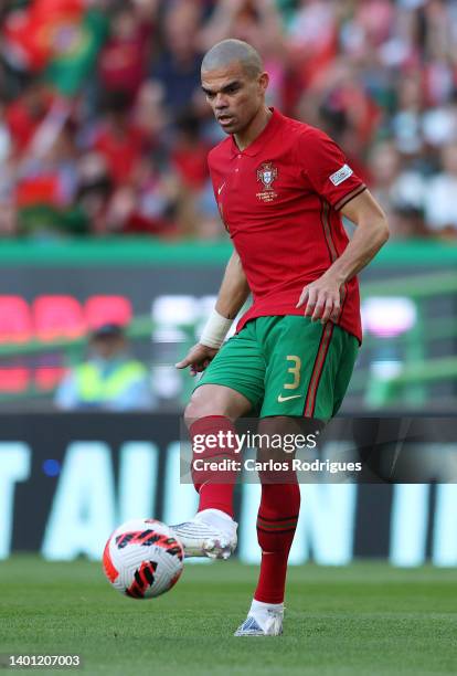 Pepe of Portugal controls the ball during the UEFA Nations League League A Group 2 match between Portugal and Switzerland at Estadio Jose Alvalade on...