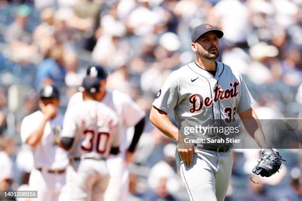 Michael Fulmer of the Detroit Tigers reacts during the eighth inning against the New York Yankees at Yankee Stadium on June 05, 2022 in the Bronx...