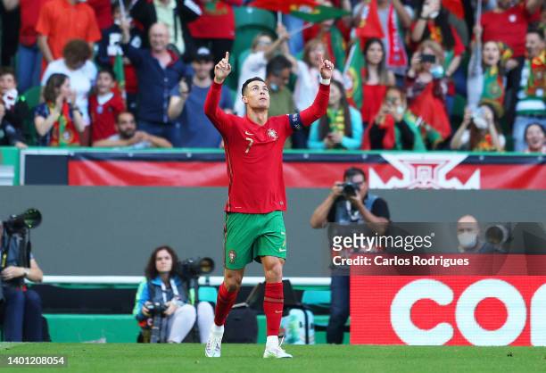 Cristiano Ronaldo of Portugal celebrates after scoring their sides third goal during the UEFA Nations League League A Group 2 match between Portugal...