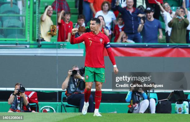 Cristiano Ronaldo of Portugal celebrates after scoring their sides third goal during the UEFA Nations League League A Group 2 match between Portugal...