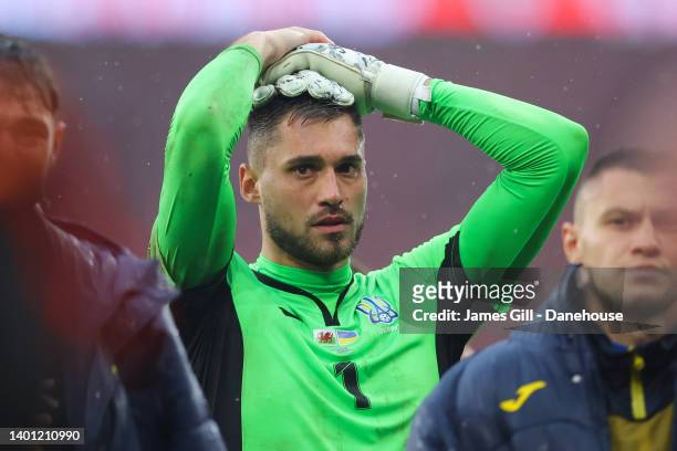 Heorhiy Bushchan of Ukraine looks dejected during the FIFA World Cup Qualifying Playoff match between Wales and Ukraine at Cardiff City Stadium on...
