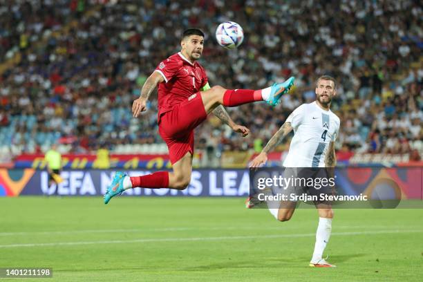 Aleksandar Mitrovic of Serbia controls the ball during the UEFA Nations League League B Group 4 match between Serbia and Slovenia at Stadion Rajko...