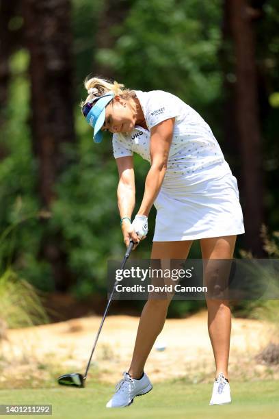 Lexi Thompson of The United States plays her tee shot on the second hole during the final round of the 2022 U.S. Women's Open at Pine Needles Lodge...