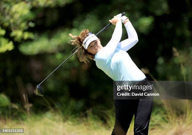 Brooke Henderson of Canada plays her tee shot on the second hole during the final round of the 2022 U.S. Women's Open at Pine Needles Lodge and Golf...