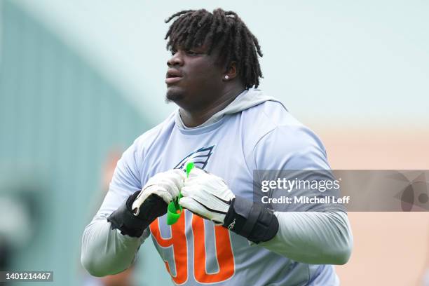 Jordan Davis of the Philadelphia Eagles looks on during OTAs at the NovaCare Complex on June 3, 2022 in Philadelphia, Pennsylvania.