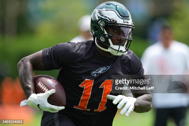 Brown of the Philadelphia Eagles runs with the ball during OTAs at the NovaCare Complex on June 3, 2022 in Philadelphia, Pennsylvania.