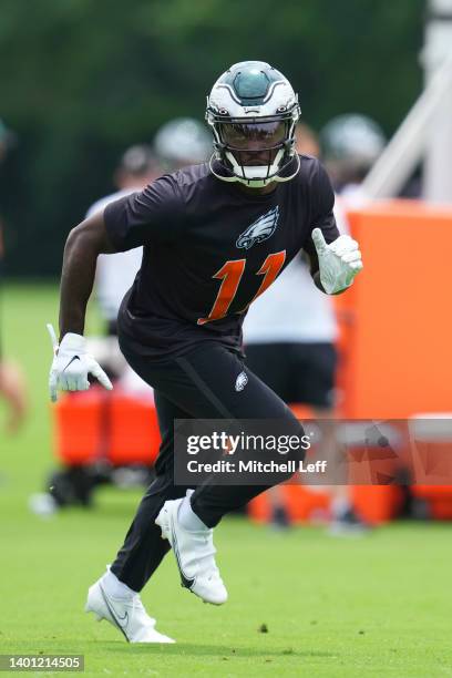 Brown of the Philadelphia Eagles runs a route during OTAs at the NovaCare Complex on June 3, 2022 in Philadelphia, Pennsylvania.