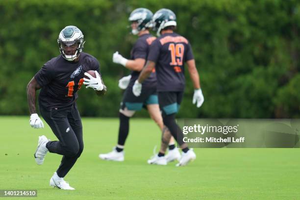 Brown of the Philadelphia Eagles runs with the ball during OTAs at the NovaCare Complex on June 3, 2022 in Philadelphia, Pennsylvania.