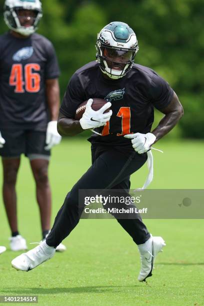 Brown of the Philadelphia Eagles runs with the ball during OTAs at the NovaCare Complex on June 3, 2022 in Philadelphia, Pennsylvania.