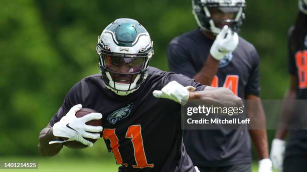 Brown of the Philadelphia Eagles runs with the ball during OTAs at the NovaCare Complex on June 3, 2022 in Philadelphia, Pennsylvania.