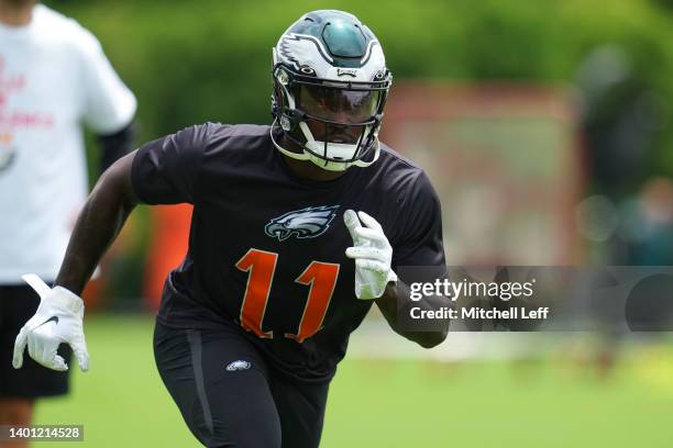 Brown of the Philadelphia Eagles runs a route during OTAs at the NovaCare Complex on June 3, 2022 in Philadelphia, Pennsylvania.