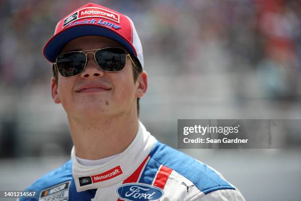 Harrison Burton, driver of the Ford/DAV Ford, waits on the grid prior to the NASCAR Cup Series Enjoy Illinois 300 at WWT Raceway on June 05, 2022 in...