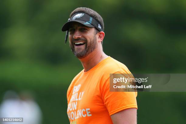 Head coach Nick Sirianni of the Philadelphia Eagles smiles during OTAs at the NovaCare Complex on June 3, 2022 in Philadelphia, Pennsylvania.