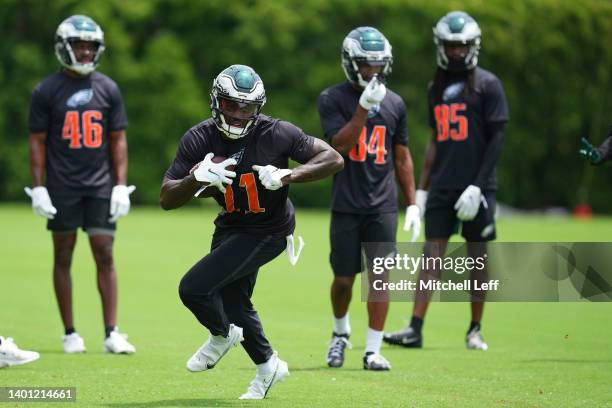 Brown of the Philadelphia Eagles runs with the ball during OTAs at the NovaCare Complex on June 3, 2022 in Philadelphia, Pennsylvania.