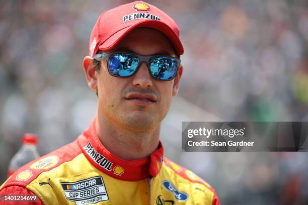 Joey Logano, driver of the Shell Pennzoil Ford, waits on the grid prior to the NASCAR Cup Series Enjoy Illinois 300 at WWT Raceway on June 05, 2022...