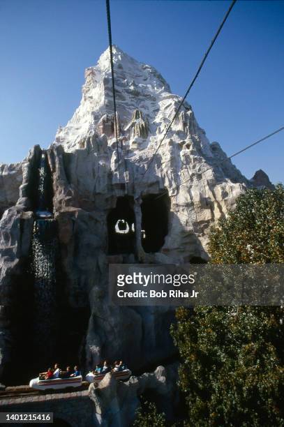 June 01: Aerial view from a Disneyland Skyway gondola, which transports riders between Fantasyland and Tomorrowland, as it approaches the Matterhorn...